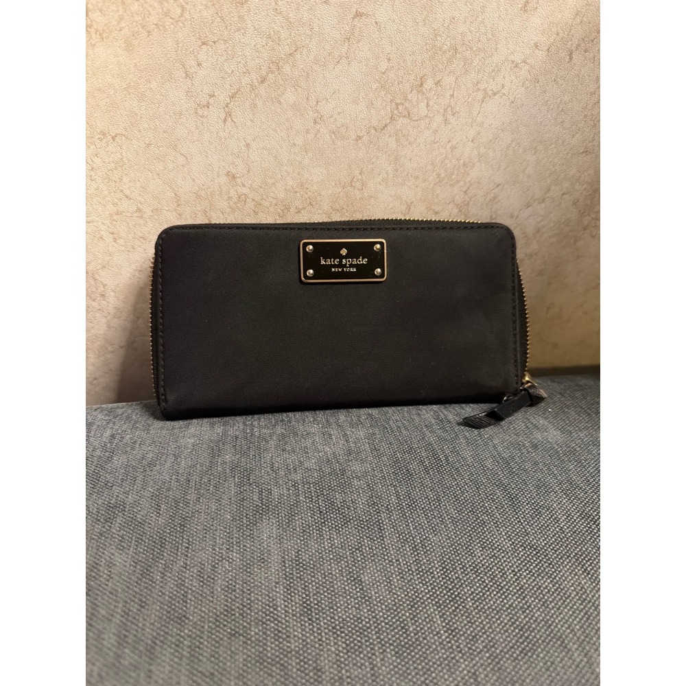 Kate Spade New York Black Nylon Zip Around Continental‎ Wallet Gold Logo Plaque